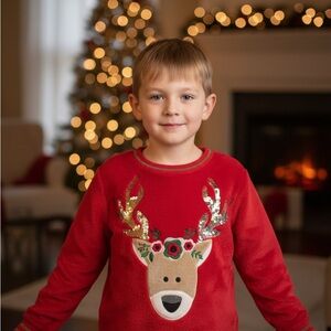 Wonder Nation Festive Red Holiday Reindeer Kids Pull Over Sweater Size XS 4-5